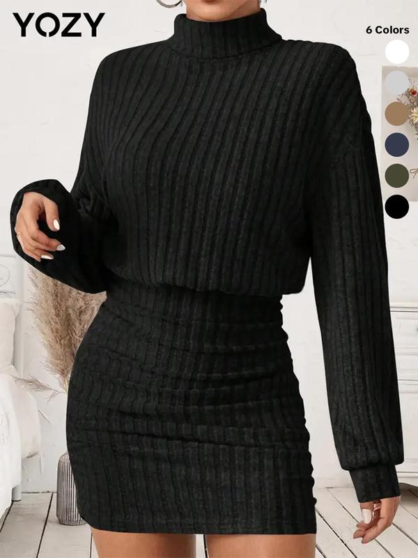 YOZY Plain Ruched Drop Shoulder Bodycon Dress/ Casual Long Sleeve High Neck Short Dress, 2024 Women's Clothes for Daily Wear