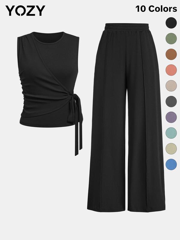 YOZY Women's Solid Knot Front Tank Top & Wide Leg Pants Set, Casual Sleeveless Round Neck Top & Straight Leg Trousers for Summer,Â Valentine's Day Gift for Girl,Â Ladies Clothes for Daily Wear, Co-ord Sets for Women,Â Valentine's Day Outfit