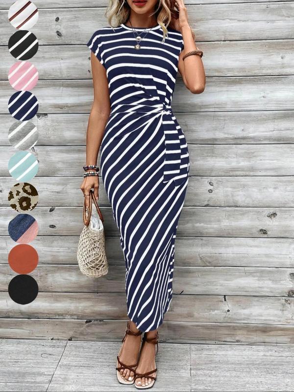 Women's Striped Print Bodycon Knot Fitted Dress, Elegant Short Sleeve Long Dress for Summer, Sundress Dress, French Style Ladies Clothes for Beach Holiday