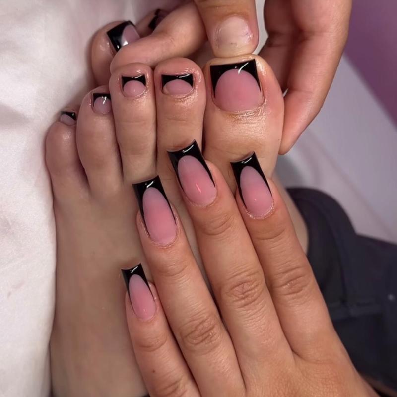 Black French Tip Nails Kit, 48pcs French Style False Nails for Women & Girls, Nail And Toe Press On Nails Manicure Set, Stylish Acrylic Nails