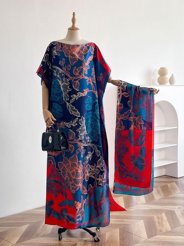 Women's Floral Print Lightweight Long Dress & Scarf Piece Set Outfit, Boho Casual Shawl Dress & Scarf Set for Beach Vacation Holiday, Ladies Clothes for All Seasons