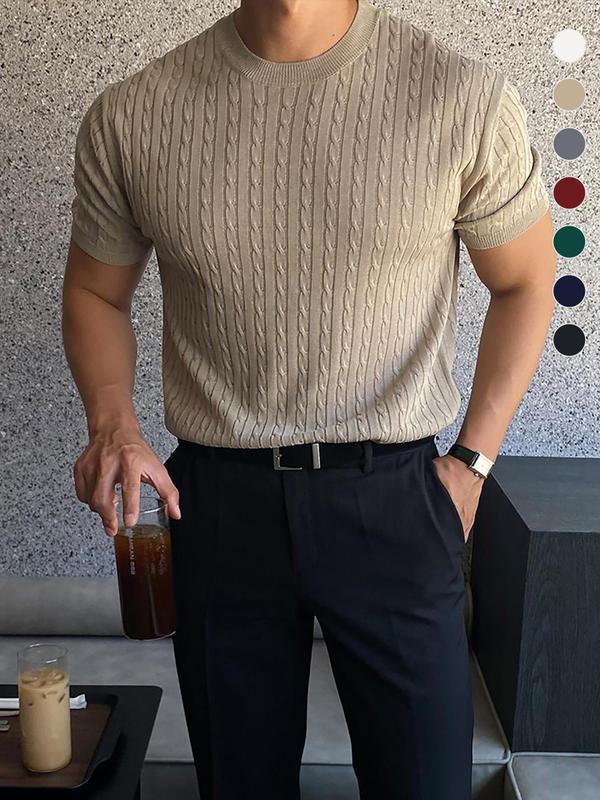 Summer Clothes Men's Plain Round Neck Cable Knit Top, Slim Casual Crew Neck Knitwear for Spring & Summer, Menswear for Daily Wear, National Day Clothing, Knitwear Tops, Knitted Sweater