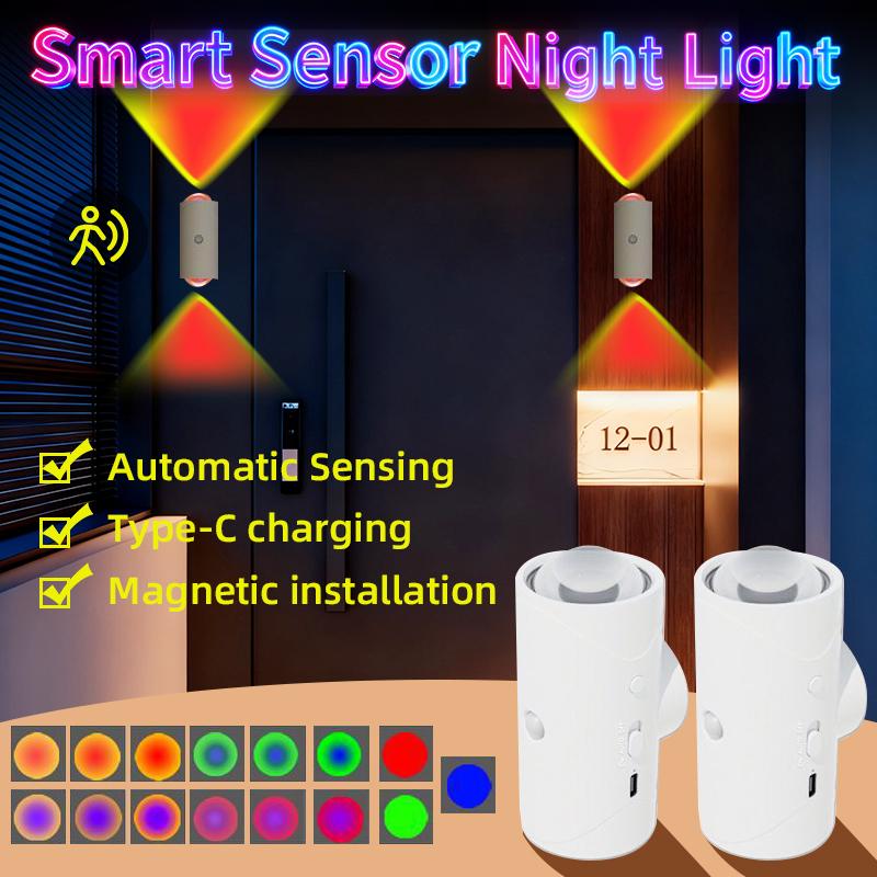 Smart Rechargeable LED Night Light with Motion Sensor – RGB Gradient Ambient Lighting, Dimmable Wall Lamp, Magnetic & Stick-On Design, USB Convenient Charging, Long-Lasting Battery, Perfect for Halloween Decor, Bedroom, Stairs, Hallway & Entryway