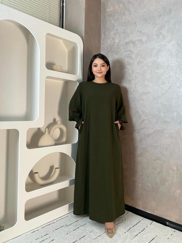 Women's Plain Flounce Sleeve Shirred Boat Neck Arabian Dress, Summer Outfits 2024, Elegant Long Sleeve Dress for Spring & Fall, Sundress Maxi Dress, Islamic Clothing, Modest Style Dress, Modest Muslim Outfits, Modest Dresses