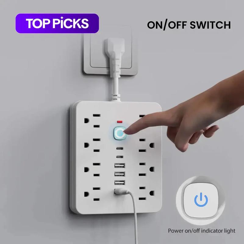 14-in-1 Multifunctional Power Strip, Surge Protector Outlet with Switch and Surge Protection - 8 AC Outlets, 4 USB Ports and 2 Type-C Ports - Power Socket Extender, Wall Outlet Extender for Home, Office & Travel