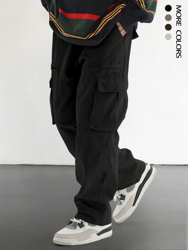 Men's Plain Drawstring Waist Cargo Pants, Loose Street Fashion Zipper Multi-pockets Casual Slant Pocket Trousers, Pants for Men, Menswear Summer Work Outfits, Mens Bottoms, Casual Streetwear Trousers