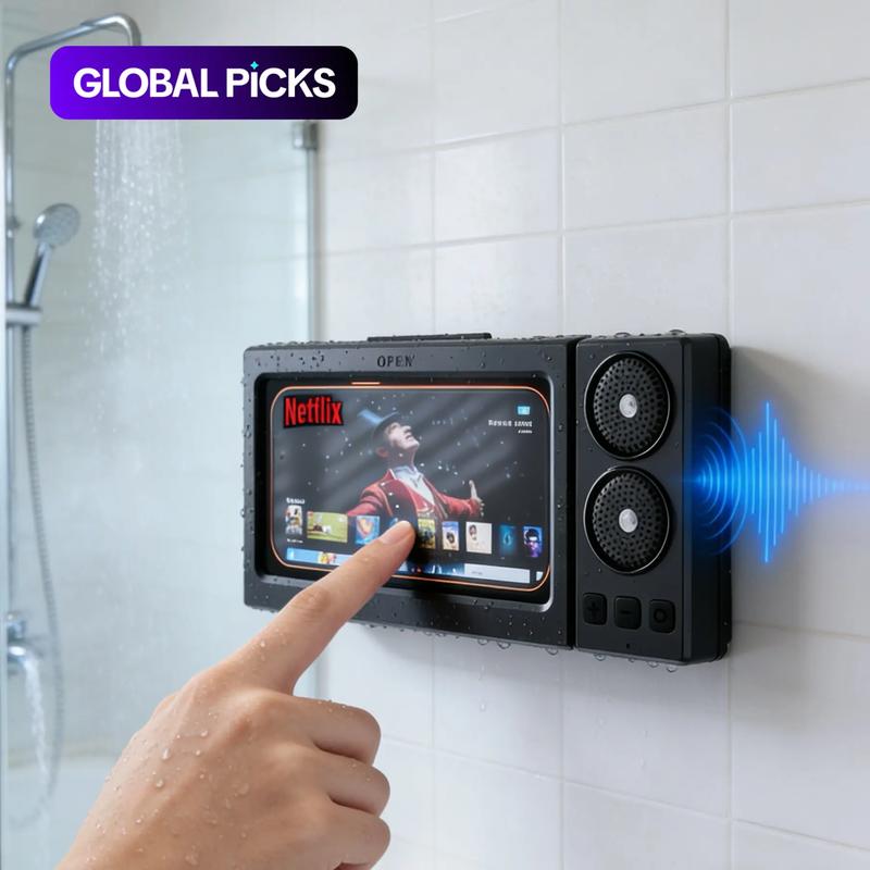 Mobile phone Waterproof box, Bluetooth speaker, bathroom waterproof 360 ° rotating touch screen, watch movies, listen to music, mobile phone holder, Bluetooth speaker, audio shower TV holder, bathroom holder, swimming pool, kitchen, bathroom, sink, Stand