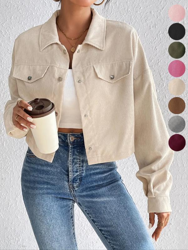 Women's Plain Button Front Drop Shoulder Jacket, Casual Pocket Design Long Sleeve Corduroy Jacket for Fall & Winter