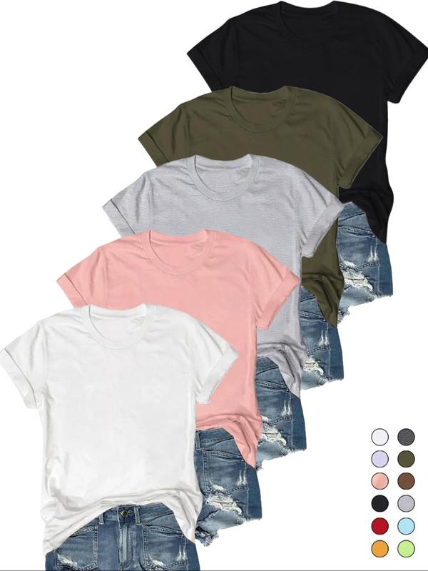 Women's Solid Round Neck Tee, Casual Short Sleeve T-shirt for Summer, Ladies Basic Clothes for Daily Wear, Crewneck Streetwear Top