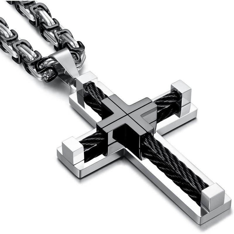 FLORIDECO Men's Stainless Steel Byzantine Cross Necklace - 24-Inch Adjustable Chain, Non-Tarnish Black Pendant, Durable Elegant Jewelry, Daily Wear Men's Accessory, Gold/Silver/Black Options, Dad Mens Gift p2, Chains