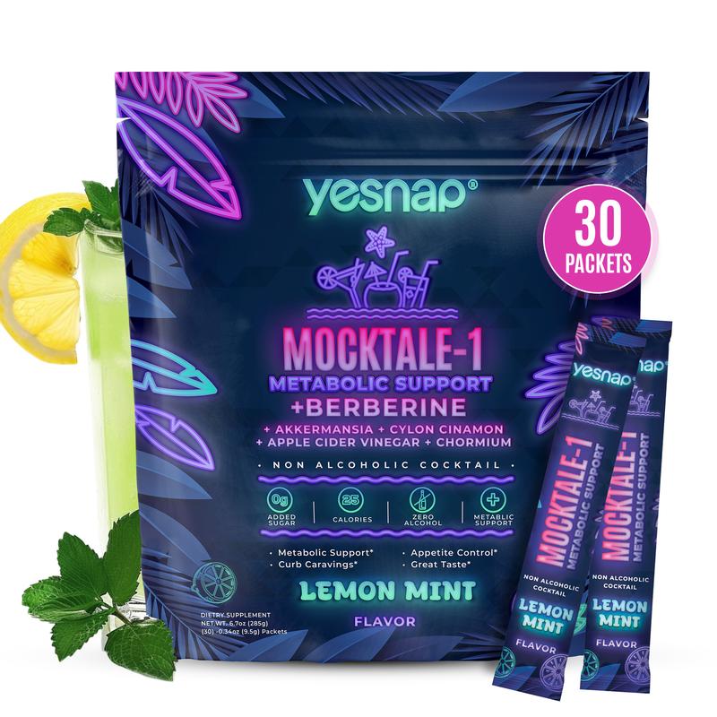 Yesnap MOCKTALE-1 Metabolic Support with Berberine & Akkermansia, Chormium, Cylon Cinamon, Apple Cider Vinegar - 30 Packets Lemon Mint Flavor Non-Alcoholic Cocktail | Powdered Supplement Drink Mix