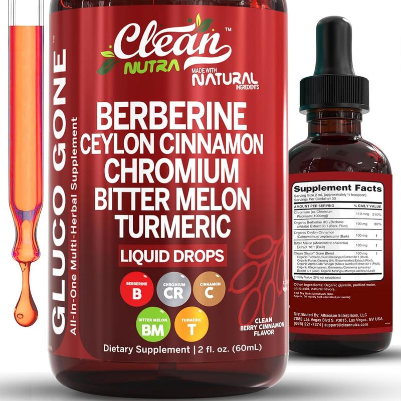 Clean Nutra Berberine, Ceylon Cinnamon, Chromium, Bitter Melon, Turmeric, Glucomannan, Gymnema & More for Natural Wellness Liquid Drop – Gluco Tone