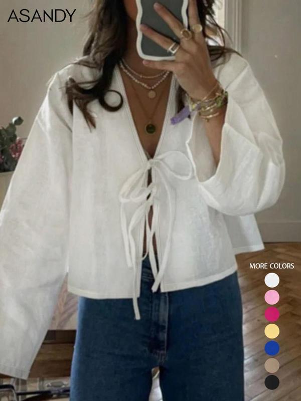 Women's Plain Woven Tie Front V Neck Blouse, Shirts, Casual Long Sleeve Top for Spring & Fall, Women's Clothing for Daily Wear