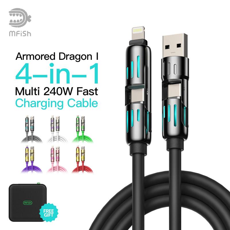 MFish Armored Dragon I 4-in-1 Multi 240W Fast Charging super Liquid Silicone Cable with USB A Type C Lightning for iPhone17&Samsung Laptops  Charger