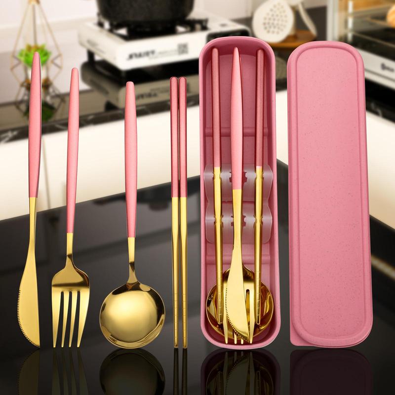 4-Piece Stainless Steel Gold Kitchen Cutlery Set with Storage Box, Portable Reusable Utensils for Home, Office, School, Camping and Travel, Household Tableware for Daily Use #GLOBAL PICKS