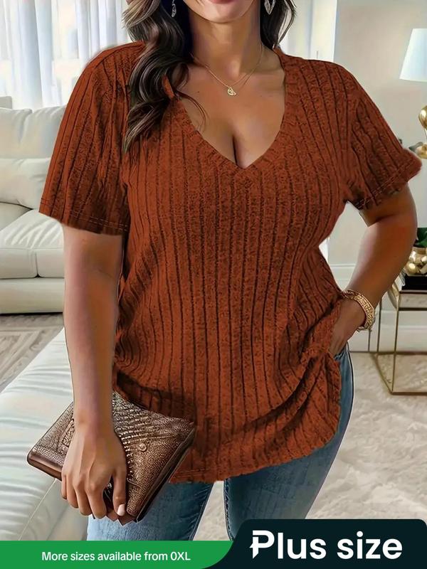 Plus Size Plain Ribbed V Neck Tee, Casual Short Sleeve T-shirt Top for Summer, Women's Plus Clothing for Daily Wear