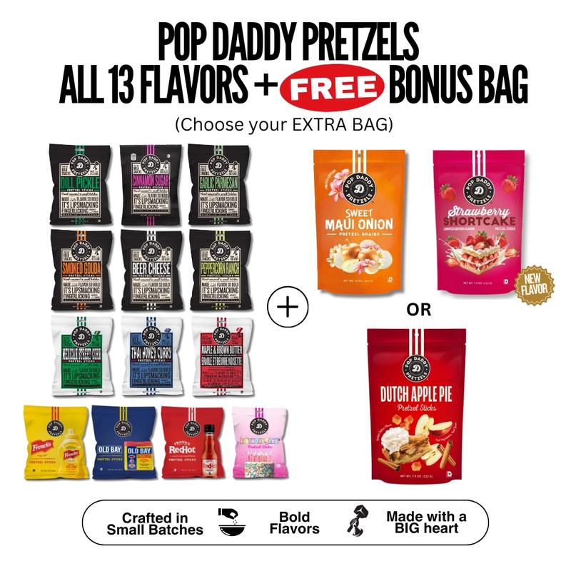 Pretzel Sampler Pack - 13 bags + STRAWBERRY SHORTCAKE or SWEET MAUI ONION PRETZEL STICKS or DUTCH APPLE PIE - Pop Daddy Snacks