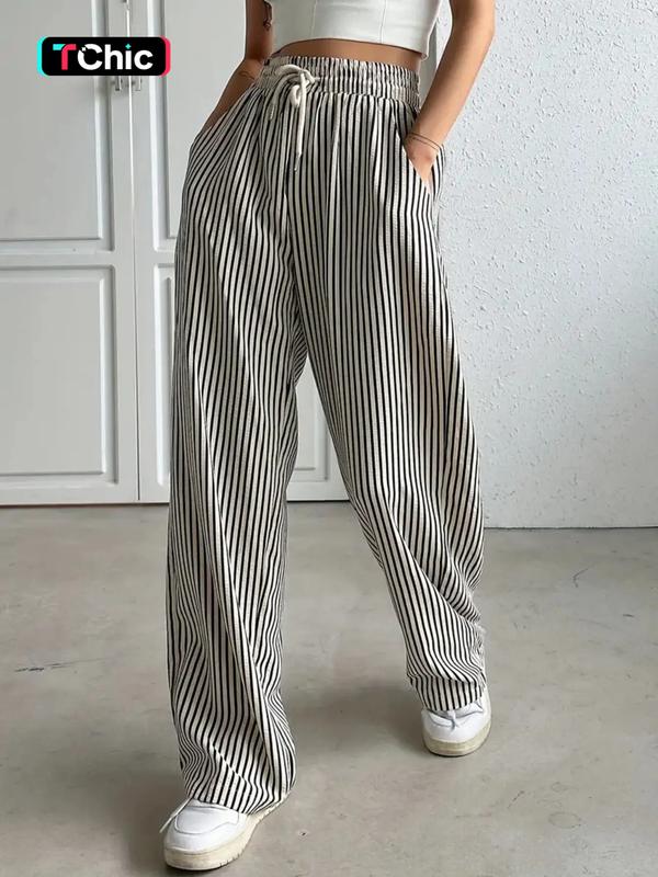 Women's Striped Print Drawstring Waist Wide-Leg Pants, Womenswear Casual Pocket Woven Trousers for Summer, Women's Bottoms for Daily Wear