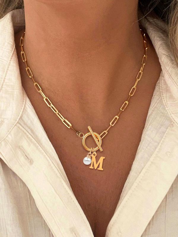 Women's Elegant Faux Pearl Decor OT Buckle Pendant Necklace, Exquisite Trendy Letter Charm Pendant Necklace, Fashion Vintage Jewelry for Party & Daily Decor, Necklace Initial
