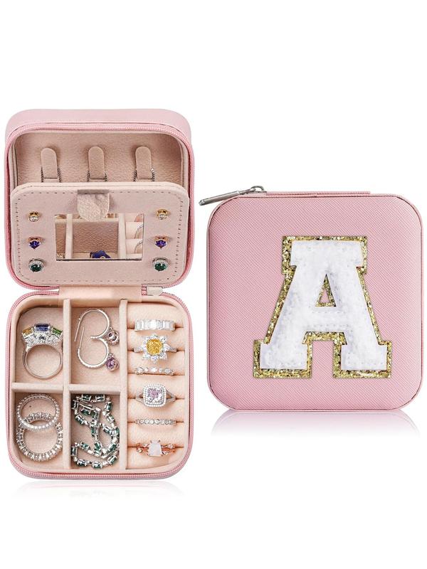 Mother's Day Gift Portable Jewelry Box with Mirror for Gift, Stylish Sequin Decorated Letter Pattern Jewelry Organizer, Cute Zipper Jewelry Storage Box for Women and Girls, Jewelry Holder Organizer