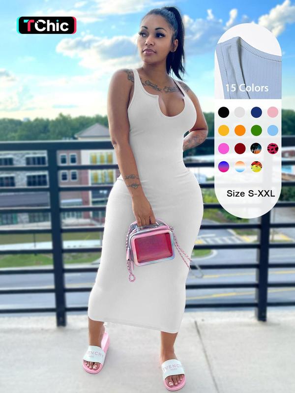 Women's Sexy Plain Notched Neck Bodycon Tank Dress, Casual Basic Minimalist Comfort Long Dress for Lady Party Club Beach, Sleeveless Dresses for Women, Clothing, Lady Casual Wear, Vow Renewal Party Pink Dress, Womenswear, Nightclub, Summer Womenswear