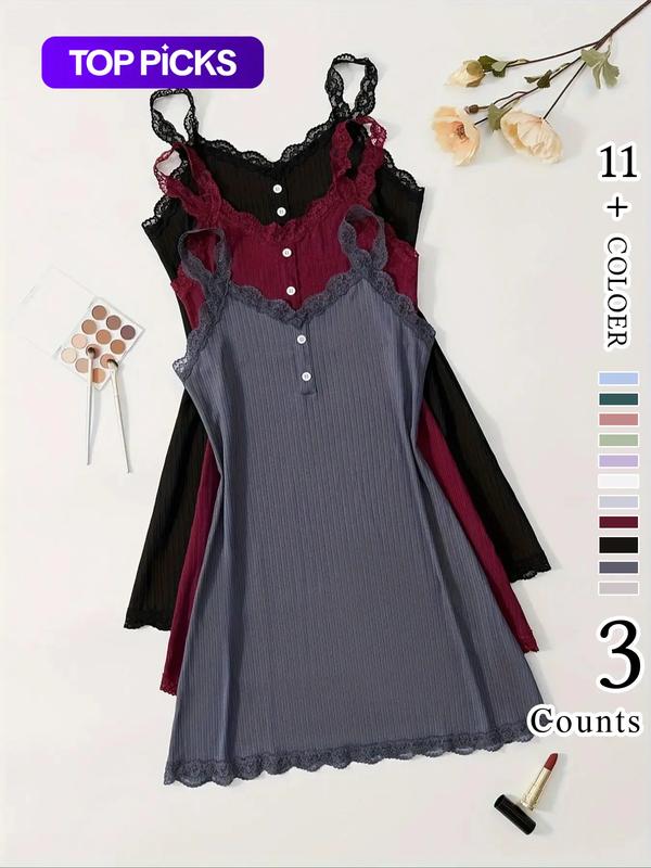 3-Piece Elegant Lace Women's Sleep Dress Set, Summer Casual Plain Strapless Pajama Suite, Fitted Contrast Lace Button Nightgown