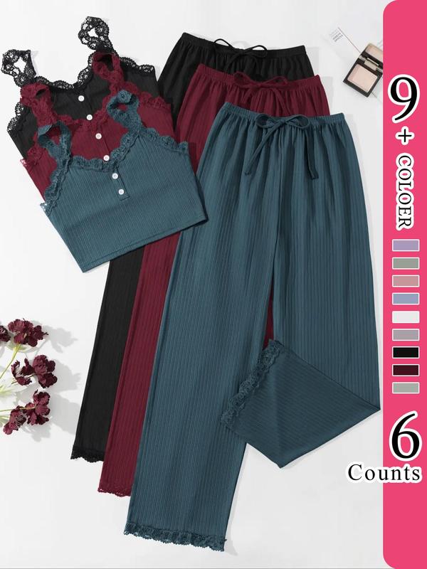 Women's Plain Contrast Lace Summer Pyjama Set, Casual Buttons Cami Top & Drawstring Waist Pants, Lady Pajamas, Womenswear Homewear, Loungewear Nightwear Set, Summer Outfits 2024, Loungewear Pjs Set
