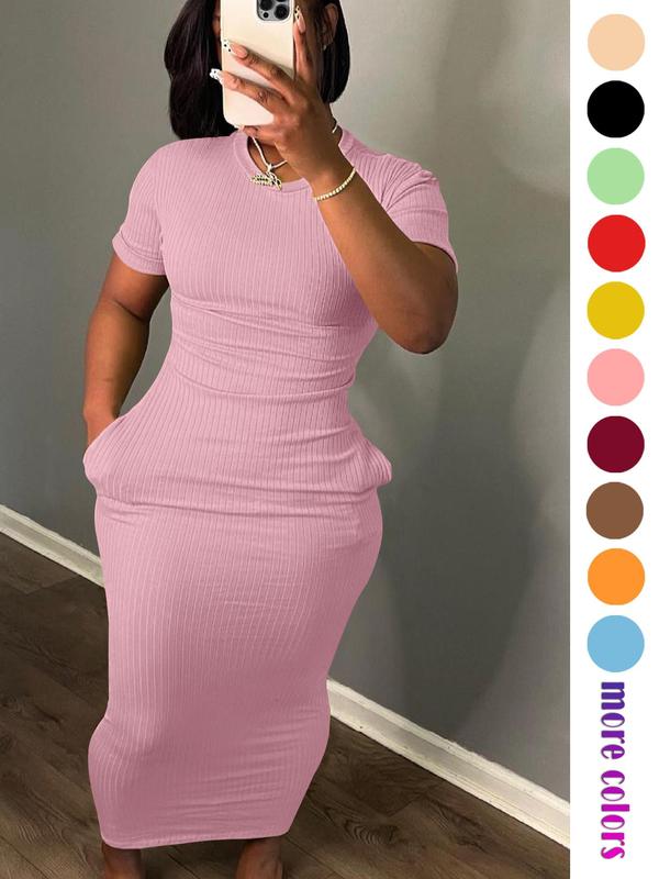 Women's Solid Color Pocket Maxi Dress, Breathable Stretchy Fabric for Summer, Loose-Fitting Casual Dress for Parties & Travel