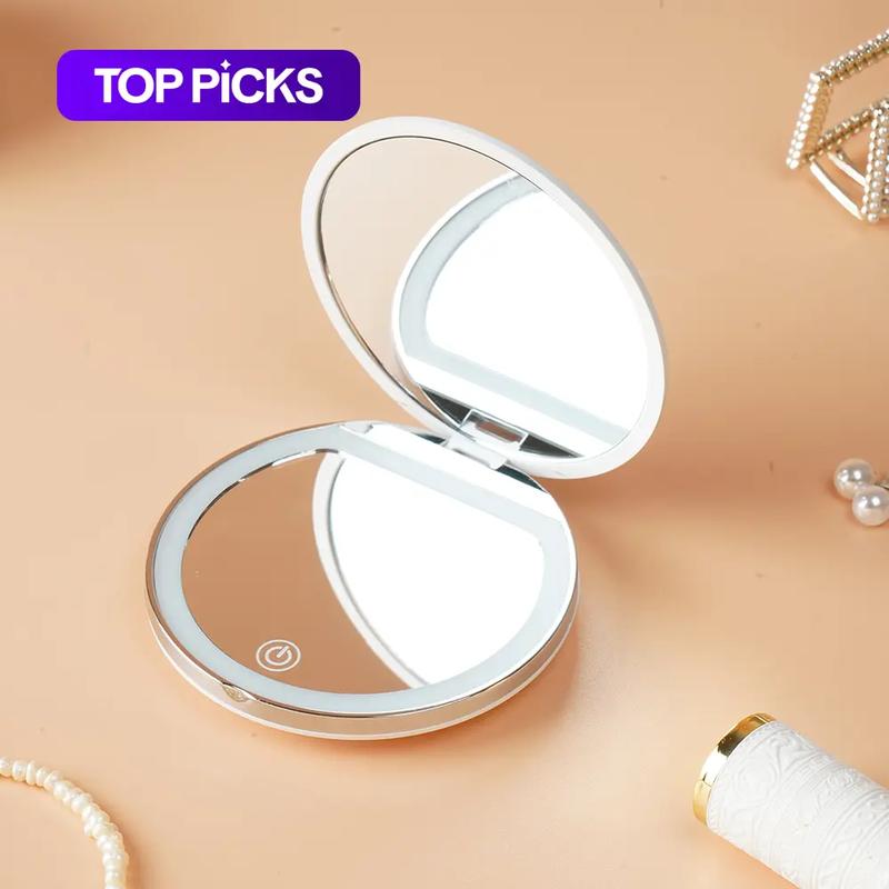Portable Foldable Makeup Mirror, 1 Count Glam Travel Makeup Mirror with LED Light, Compact Mirror for Women, Pocket Size Makeup Tools, Travel Hand Mirror, Makeup Essentials