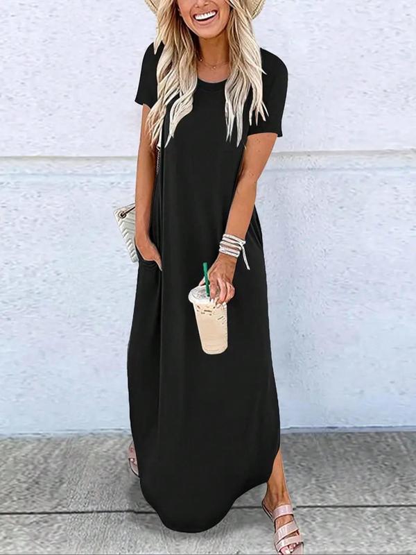 Women's Plain Pocket Round Neck Curved Hem Jersey Tee Dress Style, Casual Soft Breathable Short Sleeve Fit Long Dress for Summer, Ladies Clothes Womenswear for Daily Wear
