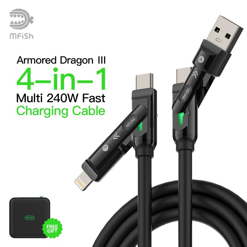 mfish Armored Dragon 3 4-in-1 Charging Cable, Cases Friendly, 240W Fast Charge, Liquid Silicone USB-C/Lightning Cable for Multi-Port Chargers, iPhone, Samsung & Laptop