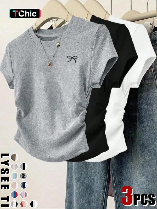 3pcs/1pc women's casual fashion slim fit small bow print details simple solid color pleated pullover shirt women's round neck short sleeved three piece T-shirt Top Womenswear