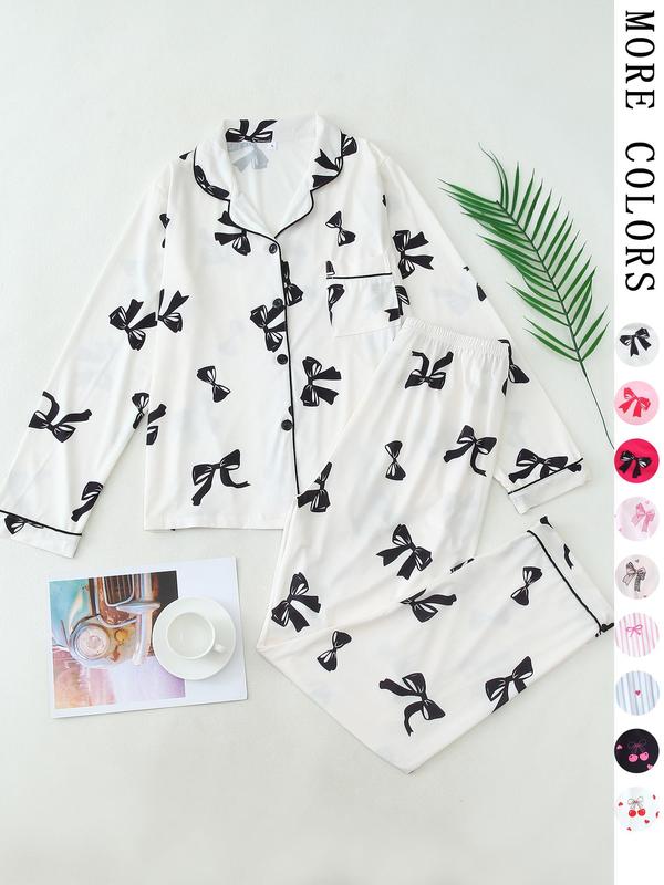 Coquette Aesthetic Bow Print Pajama Set | Chic French Style Casual Button Down Long Sleeves PJs | Soft 2-Piece Fitted Loungewear Outfit for Women | Trendy Ribbon Sleepwear，Butter Soft Loungewear for Year-Round Wear，Perfect Bridal Party & Gift PJ Set