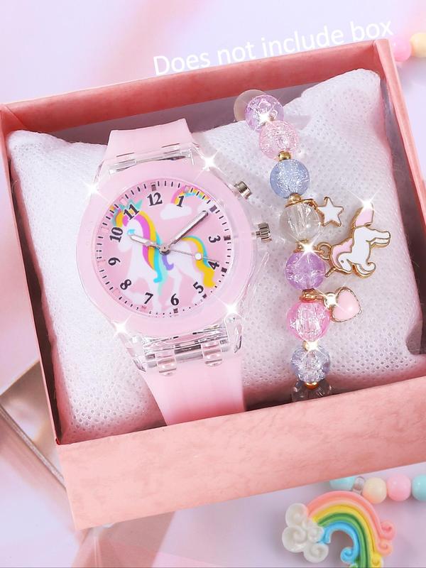 Cute Unicorn Design Watch & Bracelet Set, Wristwatch, Silicone Material Fashionable Analog Quartz Watch & Jewelry Set for Girls, Kids, Trendy All-match & Exquisite Watch Set for Birthday Gift, Child Watch, Unicorn Theme, Quartz Movement
