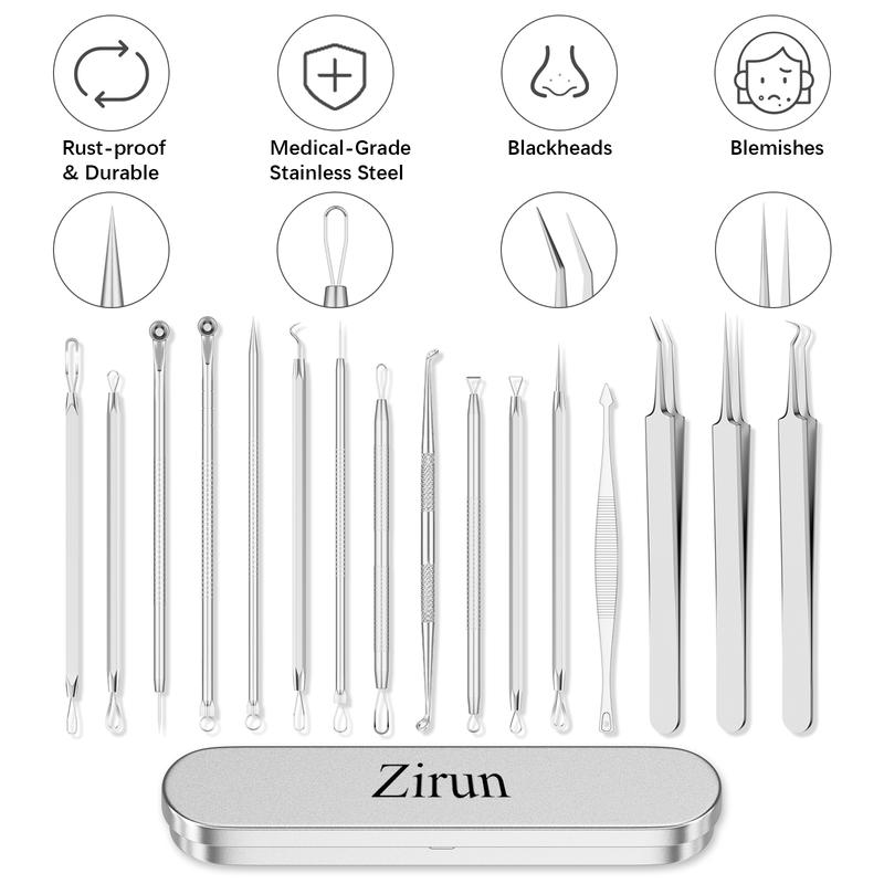 (zirun) Blackhead Removal Tools - 15 Pieces Acne Blackhead Tools, Facial Pore Cleansing, 401 Premium Professional Stainless Steel Acne Pimple Extractor with Metal Box - Skin Care, Facial Cleansing Equipment Popper Kit