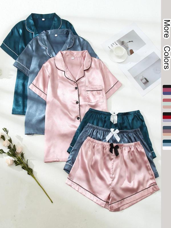 Six-Piece Set Women's Christmas Theme Contrast Binding Short Sleeve Satin Casual Loungewear Set for Christmas Gifts, Summer Outfits 2024, Button Front Shirt Pockets & Bow Decor PJ Shorts, Matching Pj Set, Pajama