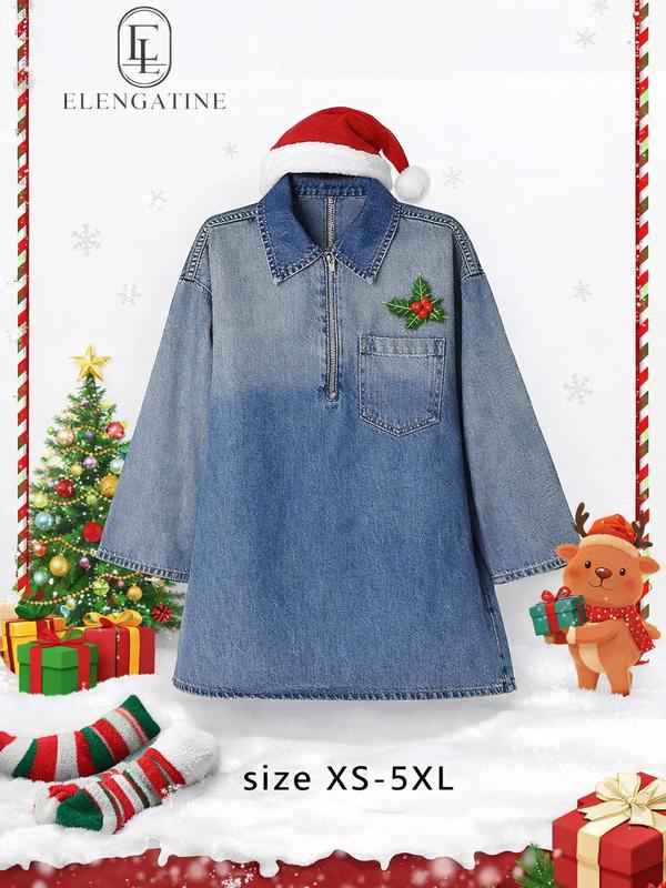 Elengatine Women's Denim Dress Half-Zip Collared Vintage Washed Blue Loose Fit Long Sleeve One Chest Pocket Trendy Casual Top for Daily Wear & Street Style Looks - Chic Autumn and Winter - Womenswear Suitable for all people,Size XL-5XL