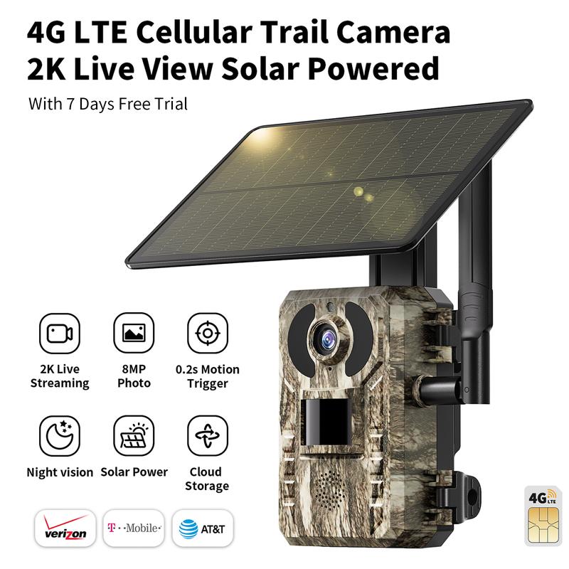 [Summervibes] 4G LTE Solar Game Camera – 2K Live Video, No Power Cord Required,WiFi Not Supported,Remote APPControlled, WaterProof, Motion Activated, NightVision, 4G Data Cellular Card Included (Data refill is required for 4G data usage)