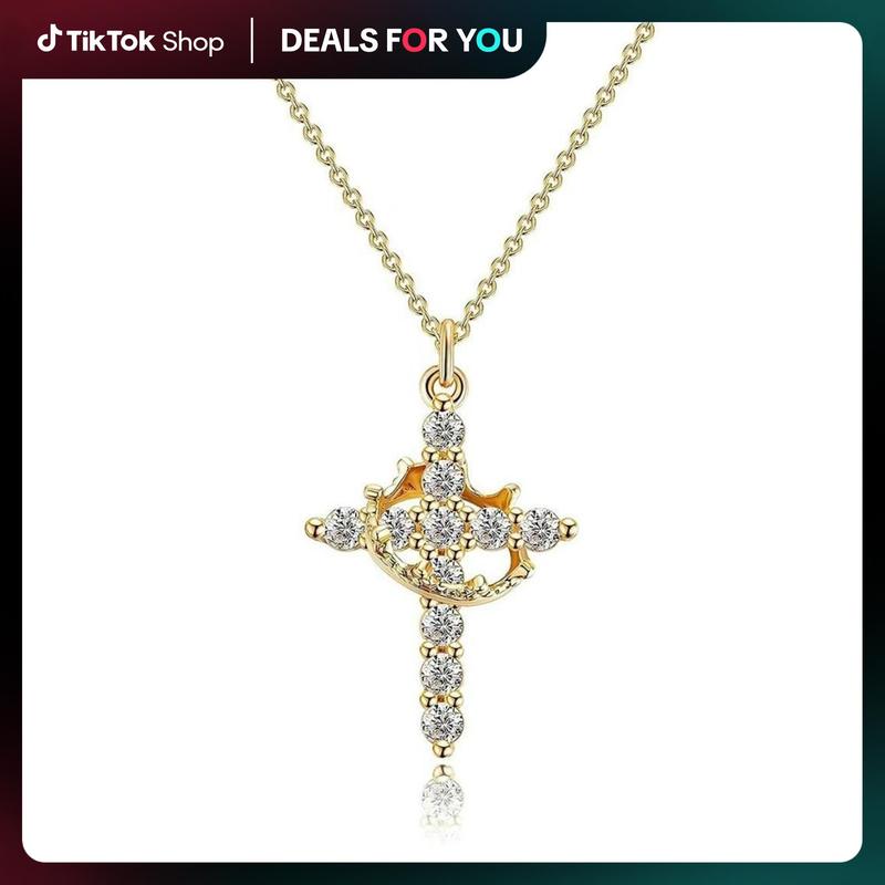 Tewiky Easter Gifts Upgraded Crown Cross Necklace for Women, Crown Cross Pendant Necklace, Non-Tarnish Faith Jewelry for Women, Christian Religious Gifts for Her