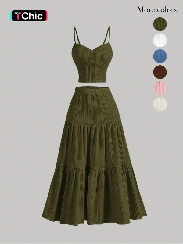 Women's Solid Woven Crop Cami Top & A-line Skirt Two-piece Set Womenswear, Casual Fashion Cozy Two Piece Outfits for Daily Outdoor Wear, Ladies Clothes for Summer