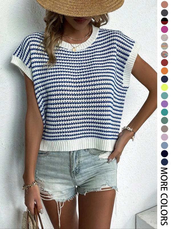 Women's Striped Knitted Vest Top, Round Neck Cap Sleeve Casual Loose Fit, Elegant Summer Fashion, Versatile Women's Knitwear, Womenswear