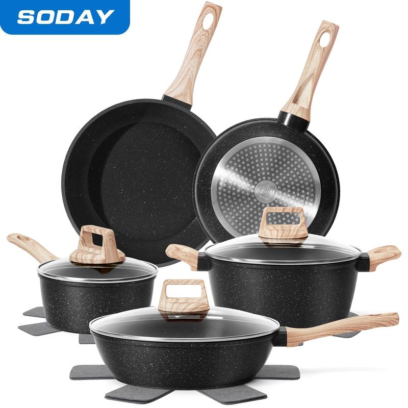 SODAY 12pcs Pots and Pans Set Non Stick Kitchen Cookware Sets Induction Cookware Nonstick Granite Cooking Set with Frying Pans, Saucepans, Kitchenware,stock up on specials, mothersdaygift