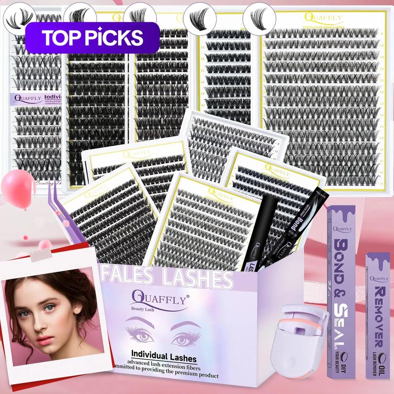 Mixed-Length False Eyelashes Eyelash Extensions Eyelash Falsies Kit with Bond & Seal, Remover, Tweezers & Eyelash Curler, 1 Box Natural-Look, Self-Grafting Eyelash Clusters #GLOBAL PICKS