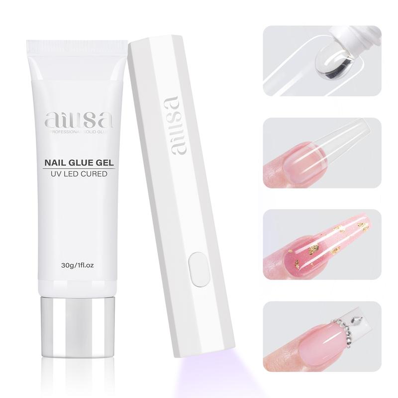 Aillsa Glamhold Solid Nail Glue Set, Handheld UV Lamp for Press On Nails, Clear Nail Tips and gel x nail glue Long-Lasting Strong Adhesion Solid Gel DIY Fall Nail Art Home, UV Light Cured Needed