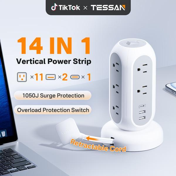 TESSAN  Tower Power Strip Extension Socket with USB C 11 Outlets & 3 USB Ports 1625W Surge Protector Protection for Home Office Dorm Room Essentials