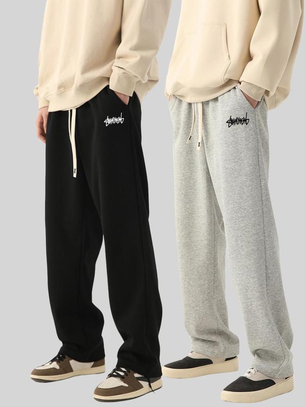 Men's Regular Fit Letter Print Pockets Drawstring Sweatpants, Fall Soft Breathable Casual Thin Knit Trousers, Streetwear Stylish Preppy Loose Straight Leg Pants, Pants for Men, Menswear, Men's Clothing, Relaxed Fit Pants