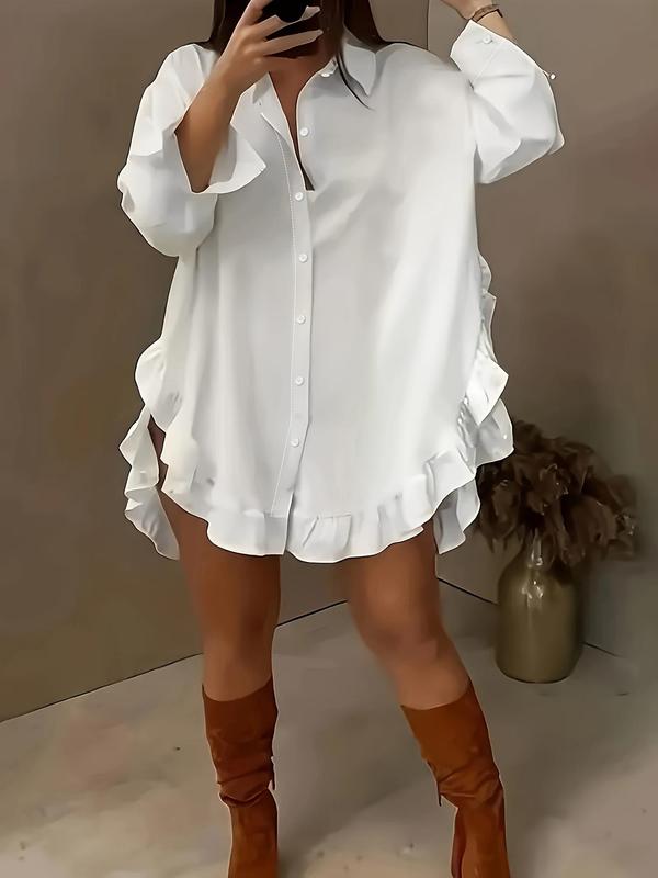 Women's Plain Ruffle Trim Button Front Blouse, Shirts, Casual Long Sleeve Collared Top for Daily Wear, Ladies Clothes for All Seasons