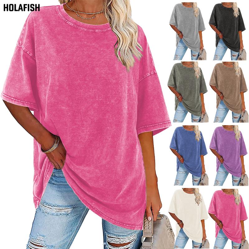 Holafish Women's Acid Washed Cotton T-Shirts - Soft Fabric Garments, Loose Fit Short Sleeve Crewneck, Vintage Unisex Lady's Casual Streetwear Basic Tops, Part of Women's Clothes Range Including Coats