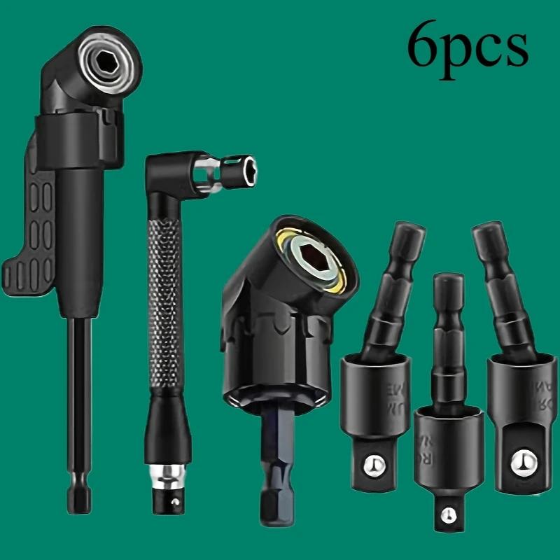 Right-Angle Drill Bit Accessory Set(6pcs), Drill Attachment, Including 3x 360° Rotatable 1/4", 3/8" & 1/2" Impact-Grade Socket Adapters, 2x 105° Hex Shank Angle Adapters & 90° Right-Angle Drill Bit, Heavy-Duty Tool Kit #GLOBAL PICKS