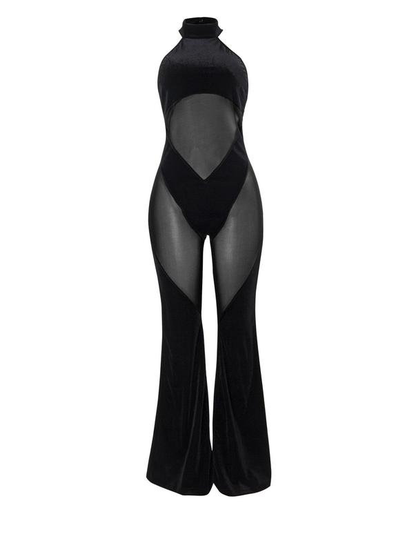 Women's Sheer Flare Leg Halter Neck Tulle Jumpsuit, Solid Sleeveless Drop Waist Jumpsuit For Summer, Fashion Ladies Clothes For Party Club, Slim-Fit Womenswear